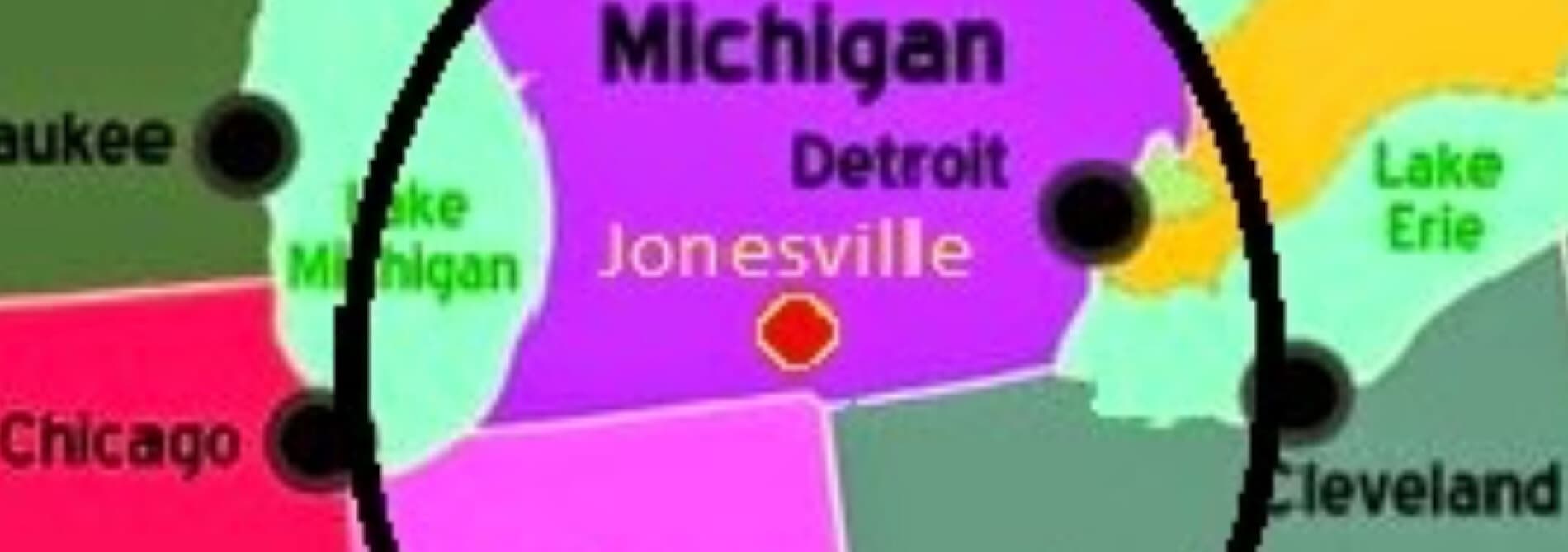 Map highlight of Michigan with Detroit and Jonesville labeled. Map highlight of Michigan with Detroit and Jonesville labeled.