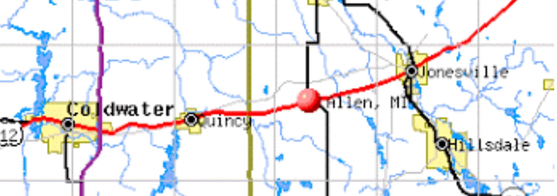 Map showing routes and locations near Allen, Michigan, with Coldwater and Quincy marked. Map showing routes and locations near Allen, Michigan, with Coldwater and Quincy marked.
