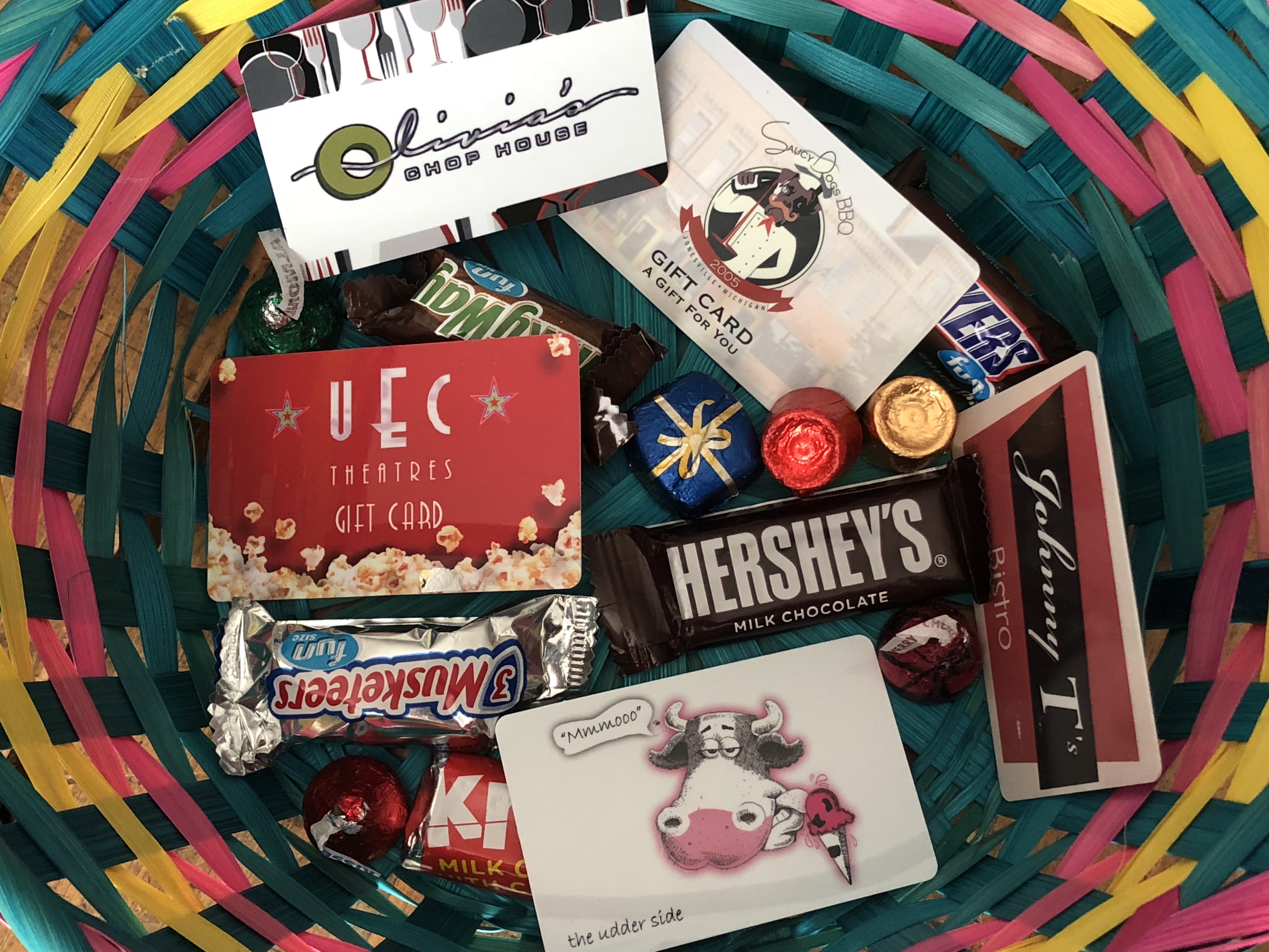 gift cards in an easter basket with candy