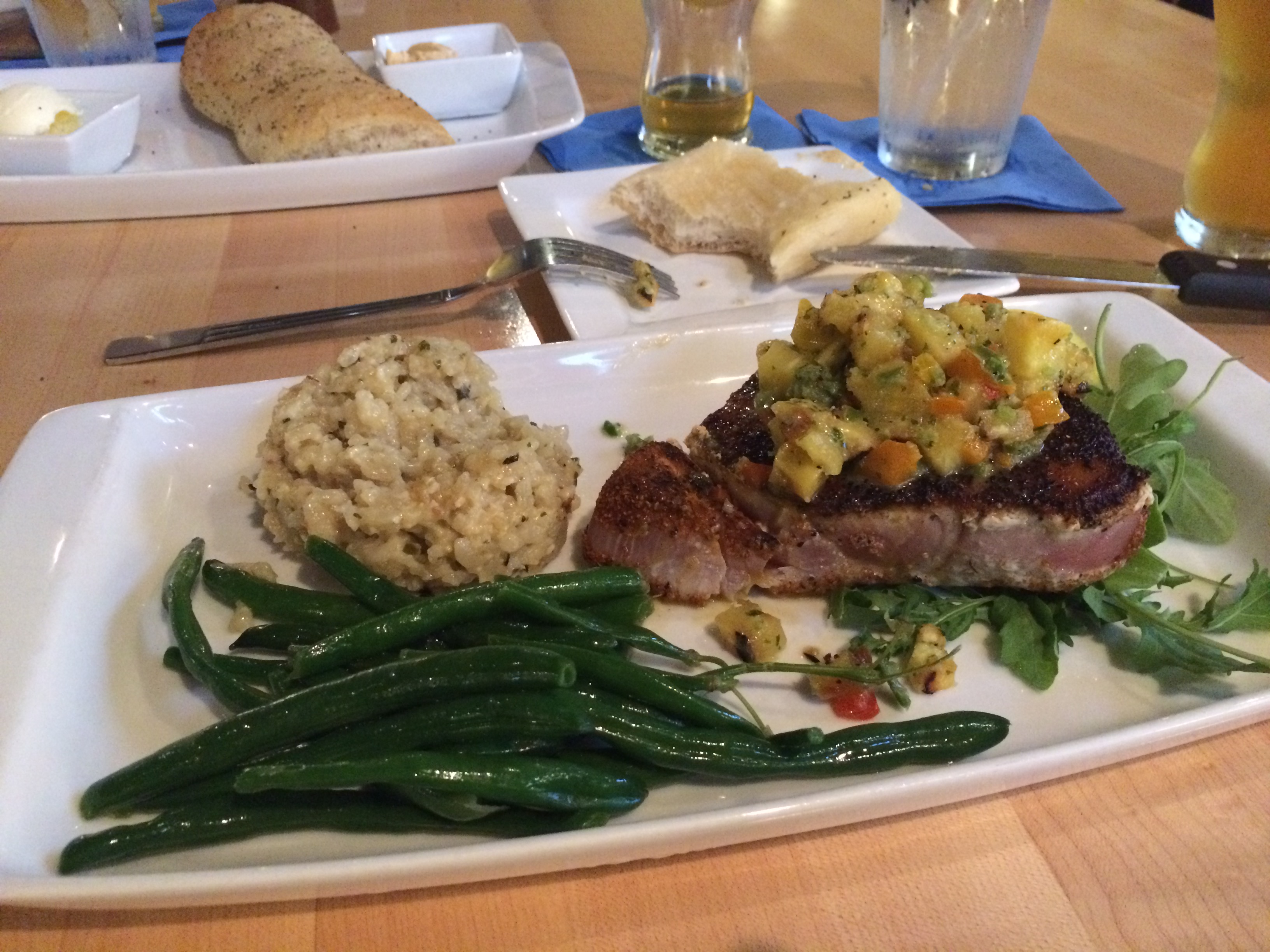 Steak dinner on fancy plate at Olivia's Chop House