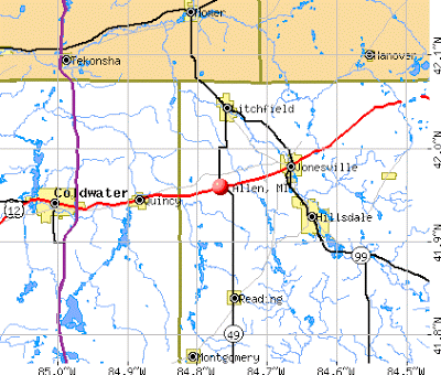 Map of Allen Michigan in Hillsdale County near Jonesville, Litchfield, and Hillsdale