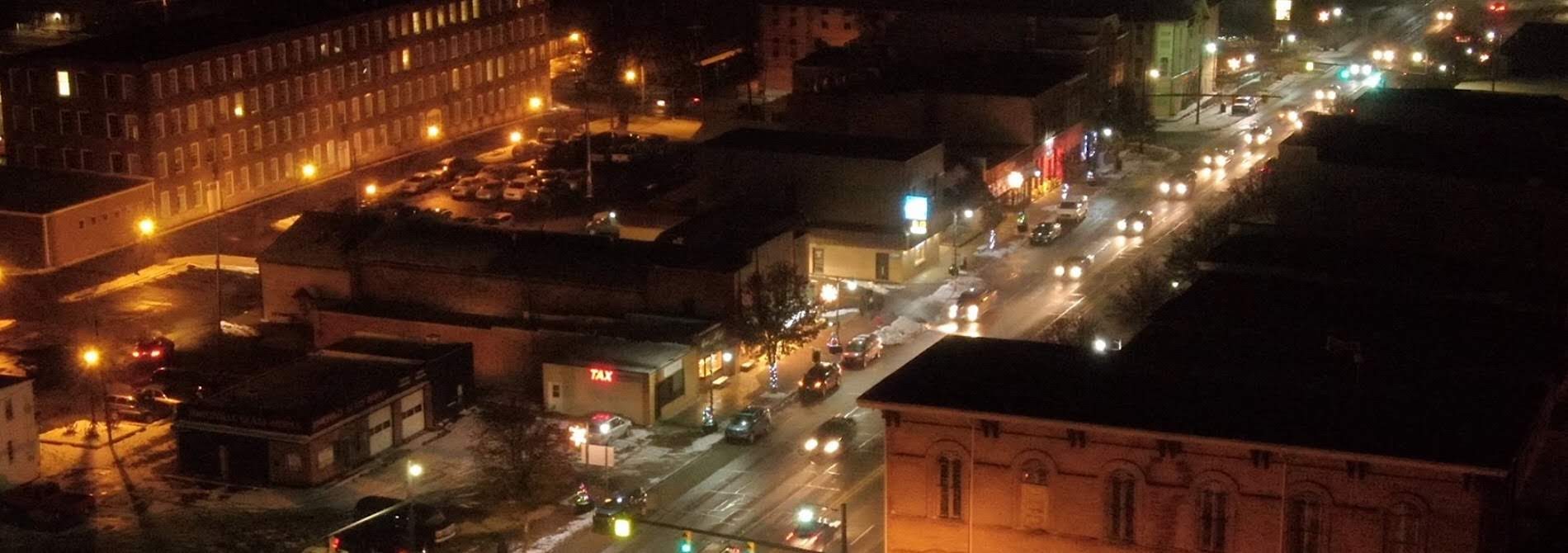 night aerial view of downtown jonesville