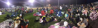 crowd gathering at dusk for fireworks in park