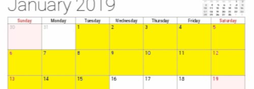 january 2019 calendar with 1st-15th highlighted in yellow