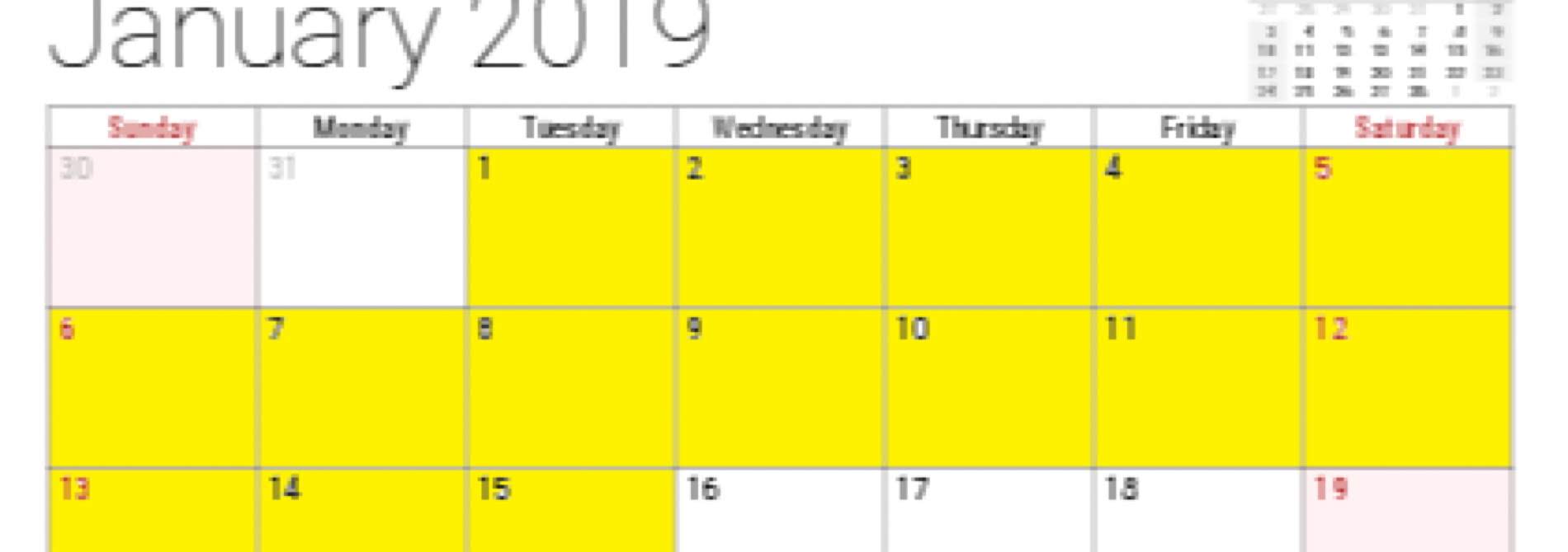 january 2019 calendar with 1st-15th highlighted in yellow
