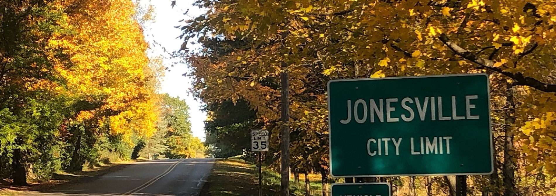 green city limits sign amidst yellow leaves of trees lining a road
