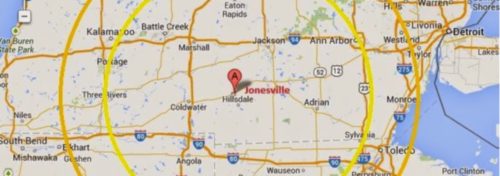 map of 100 mile radius jonesville mi