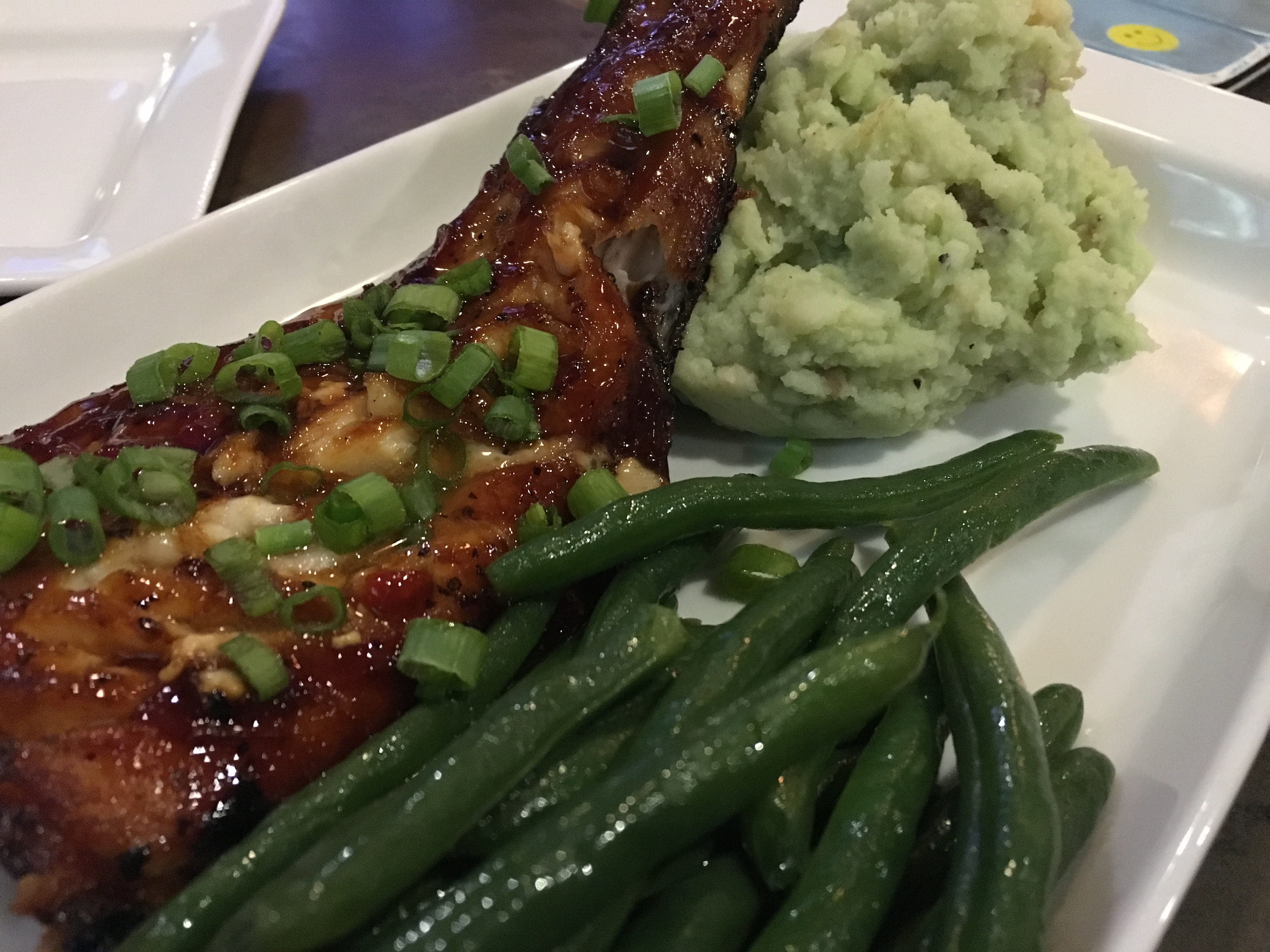 pork shank with green beans and wasabe mashed potatoes from Olivia's Chop House in Jonesville MI